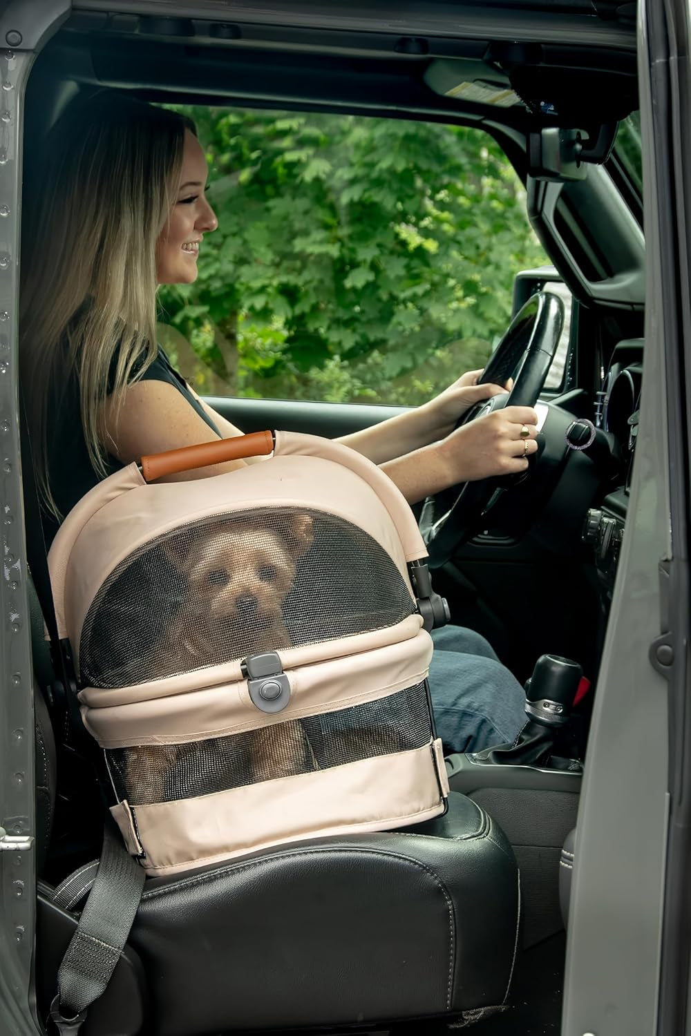 No-Zip View 360 Ultra Lite Pet Safety Carrier & Car Seat for Small Dogs & Cats Push Button Entry, 15", Ecru